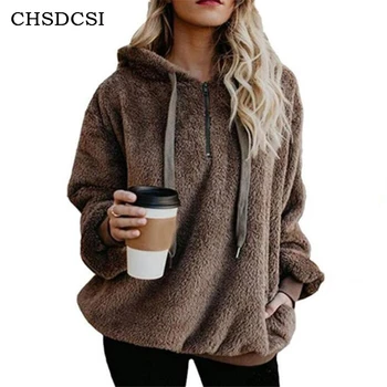 

CHSDCSI Winter Velvet Tops Women Jackets Hooded Basic Jackets Female Zipper Double-sided Ladies White Coffee Knitted Coats S-5XL
