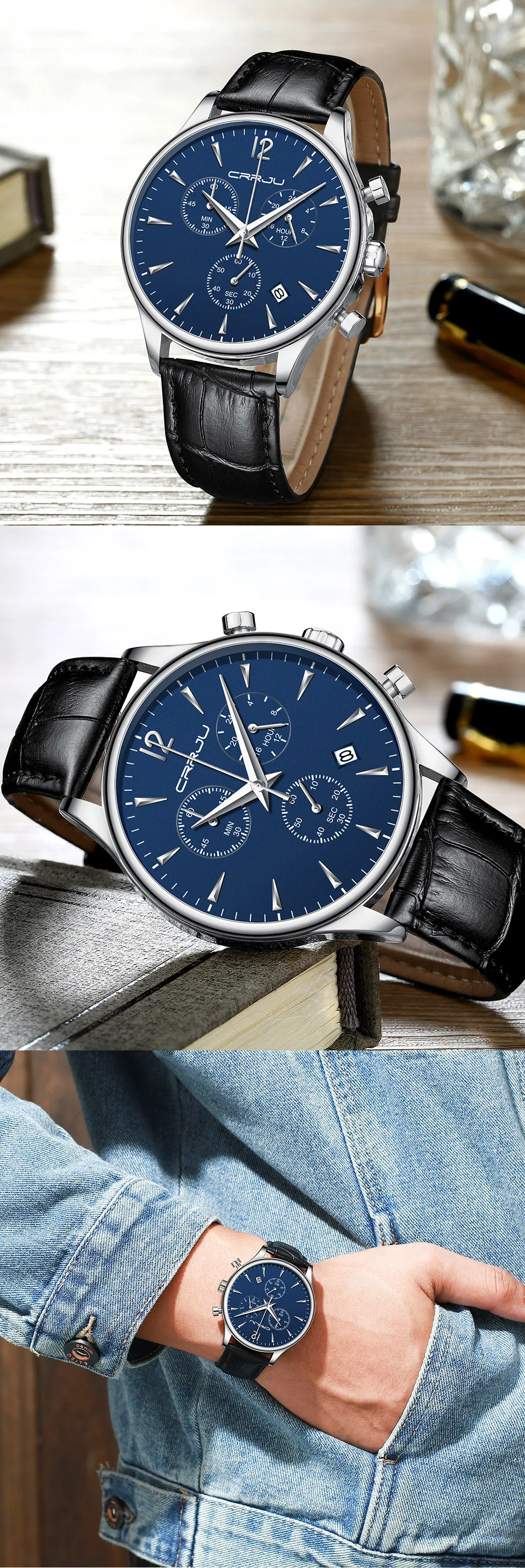 Мужские часы CRRJU, роскошные повседневные водонепроницаемые часы для мужчин, спортивные кварцевые часы с кожаным ремешком, мужские часы с автоматической датой, мужские часы