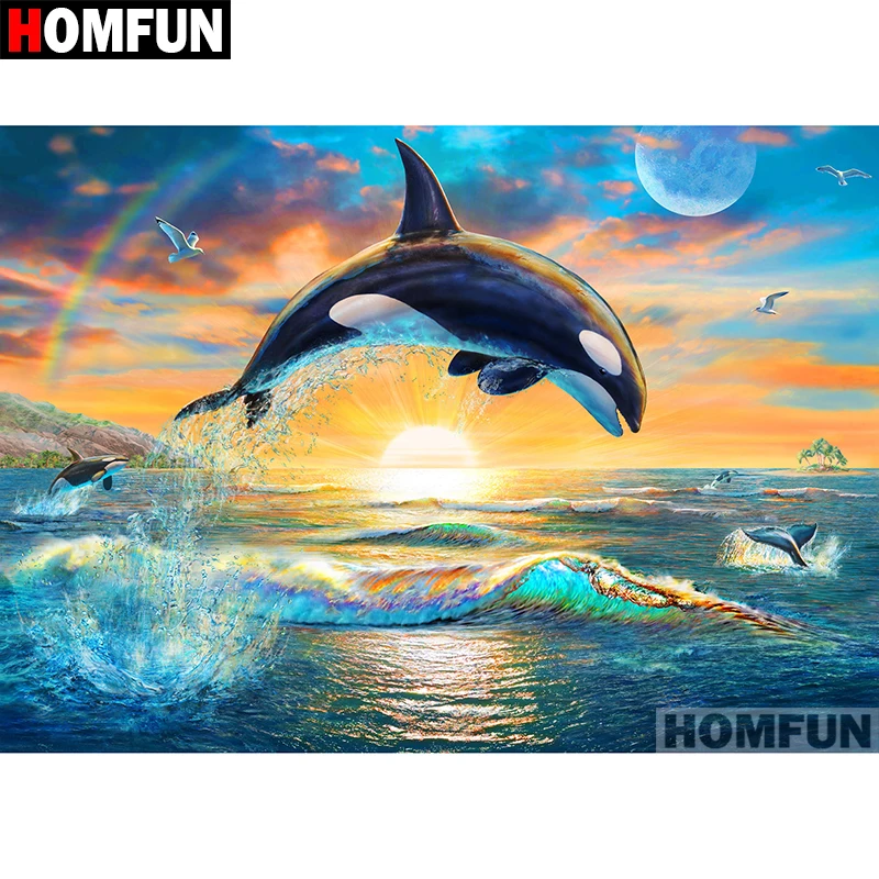 

Набор для алмазной вышивки HOMFUN A07051, картина «Дельфин закат» с полными квадратными/круглыми стразами 5D, вышивка крестиком, домашний декор