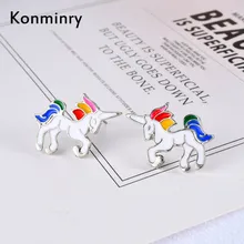 Серебряные серьги-гвоздики из цинкового сплава в виде единорога цвета радуги, милые вечерние серьги для женщин и девушек, подарок на Рождество, Новое поступление, Konminry