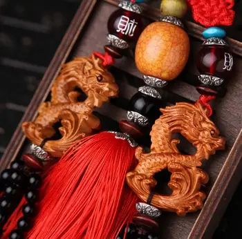 

Chinese Peach Wood Carved Animal Eight Word Dragon Pendant Exquisite Car Pendant Statue