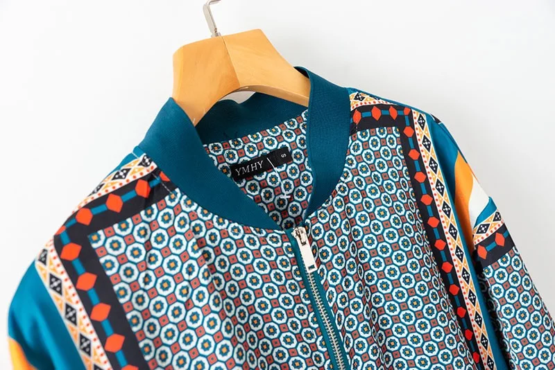 VOGUEIN جديد إمرأة عارضة هندسية طباعة سستة خفيفة الوزن منفذها سترة معطف الجملة