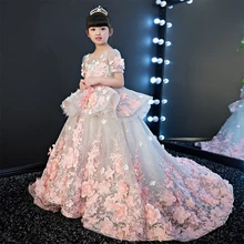 Girls Party Dresses Elegant 2017 Summer Short sleeve flower long tail princess girl dress children kids wedding birthday dresses