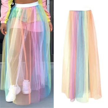 

Colorful Beach Maxi Skirt 2019 Summer Sexy Ladies Tulle Skirt Women Long Floor Length Rainbow Tutu Skirt Women Beach Cover Ups