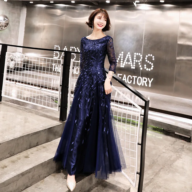 

Robe De Soiree O-Neck Navy Blue Mermaid Long Evening Dresses Backless Luxury Sequin Formal Party Dress Prom Gowns LF272