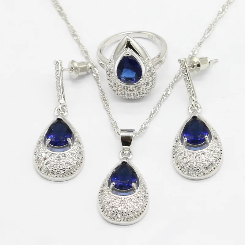 

925 Silver Bridal Jewelry Sets For Women 7 Colors Necklace Pendant Long Earrings Rings Free Gift Box
