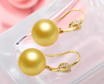 

free shipping gorgeous AAA10-11mm round south sea gold pearl dangle earring 14k