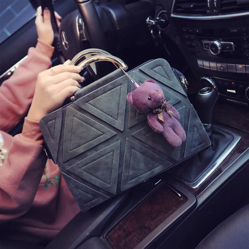 

New High Quality trigonometric geometry patchwork Tote Vintage handbag Bear Top-Handle Bags female messenger bag