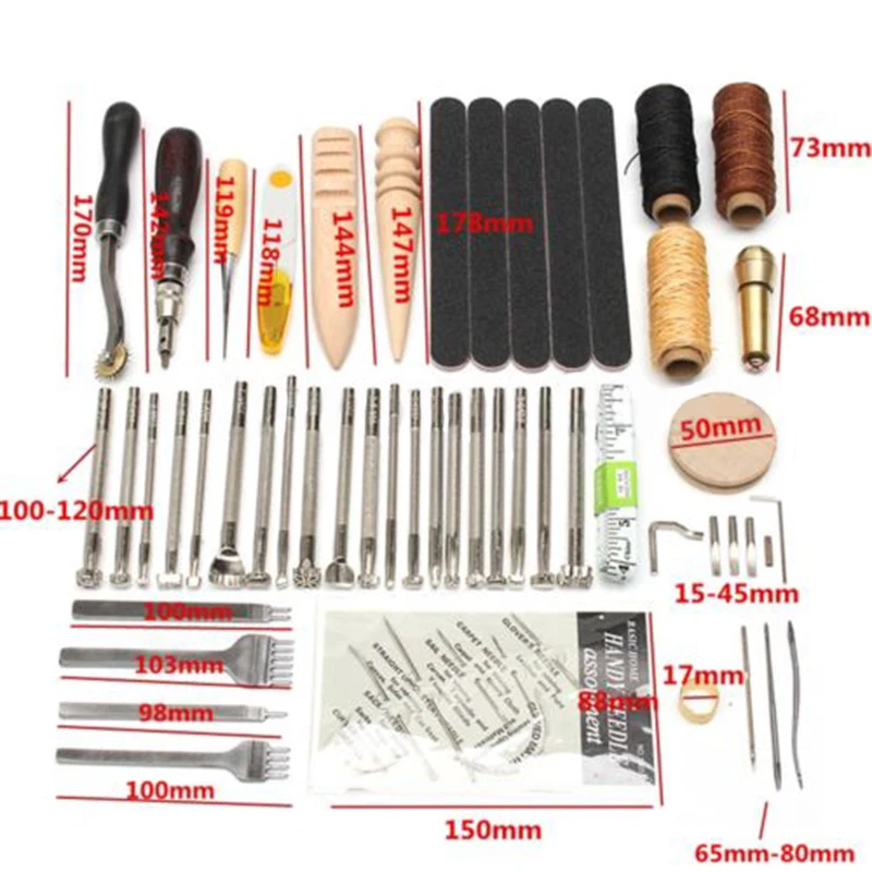 

Steel Tool 59pcs Leather Work Set Beveler Hand Stitching Sewing Carving Leatherwork Stamping Groover