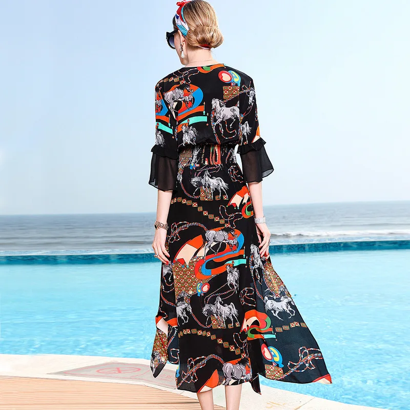 hoch aufgeteilte Linien V Ausschnitt Strand Outfit hoch Kleid Frauen behinderten Sommer Party 2019 neue Diagramm 100Seide hmischen Print Taille sexy b mit siehe elastische AL54Rj3