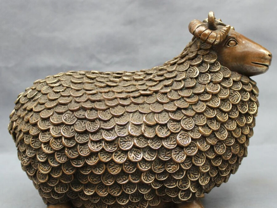 

fast shipping USPS to USA S1444 9" Chinese Bronze Copper Year Zodiac Wealth YuanBao Fu Coin Sheep Goat Statue