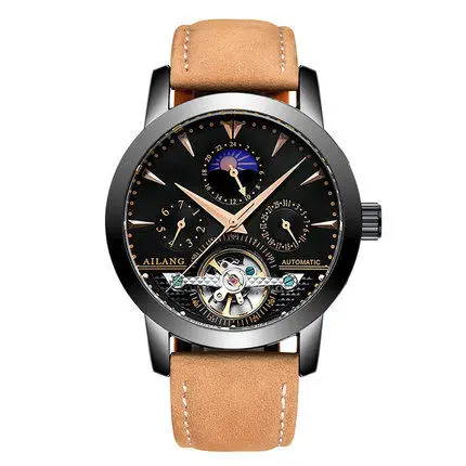 leather Black Rose AILANG из нержавеющей стали три гоночных циферблата военные спортивные Автоматические Мужские механические наручные часы лучший бренд класса люкс Tourbillon часы - Цвет: leather Black Rose