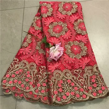 

Luxury red French tulle net lace fabric with cord lace and rhinestones for dress VRN176(5yards/lot)