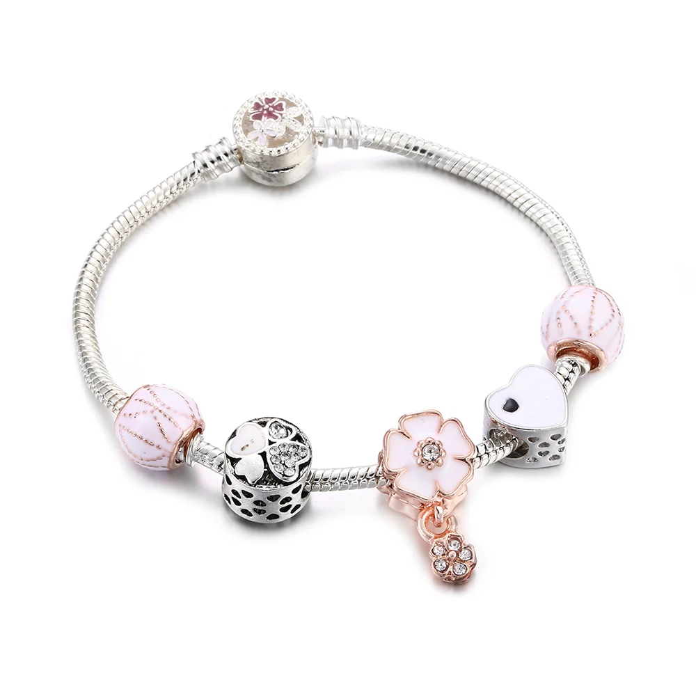 Женские ювелирные изделия серебряный браслет с шармами& Браслеты с вишневым цветком слон жемчужный кулон браслет с бусинами из кристаллов для девочек прекрасный подарок - Окраска металла: 06