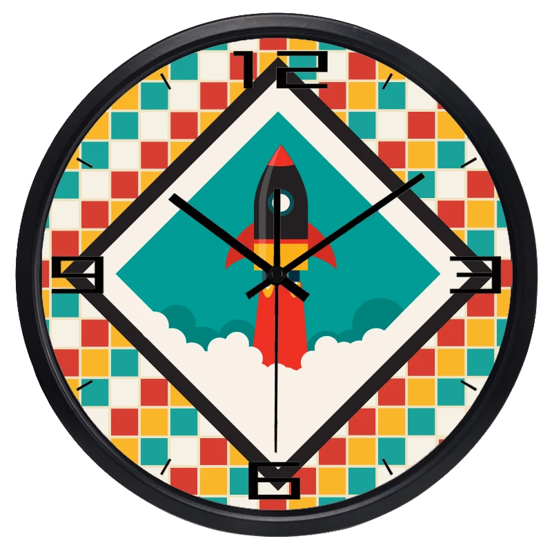 Cartoon Rocket Wall Clock for Boy Children Bedroom, Slient Glass Good Looking Quality Clockin