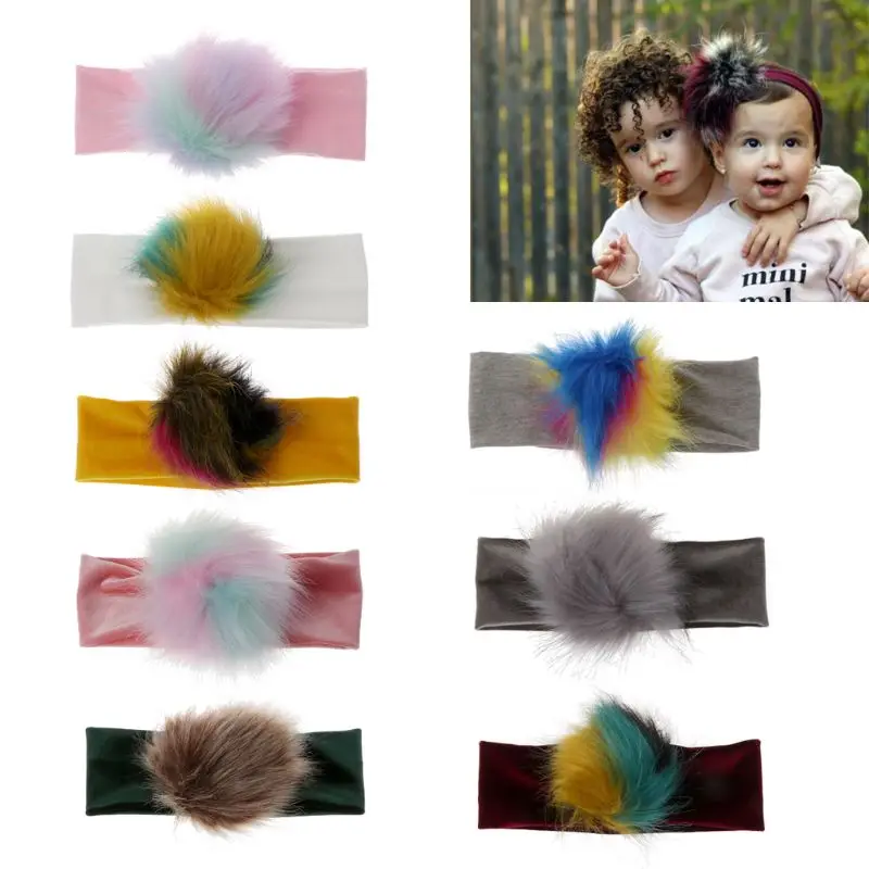 

Colorful Raccoon Faux Fur Pompoms Baby Headband Cotton Children Girls Elastic Hair Bands Turban Toddler Headbands