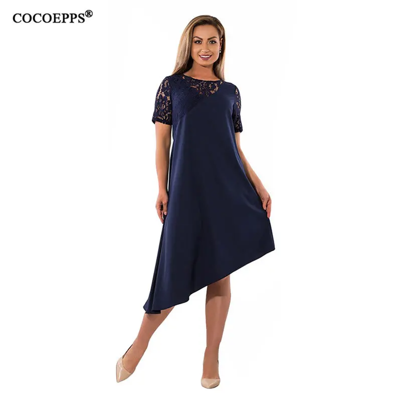 COCOEPPS 2019 Fashionable Elegant Lace Short Sleeve Office dresses Feminine Big Size Vintage Blue Irregular Party Dress Vestidos | Женская