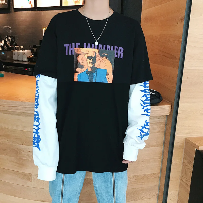  Men T Shirt Long Sleeve Patchwork Funny T Shirts T-shirt Men Hip Hop Harajuku Off White Palace Alie