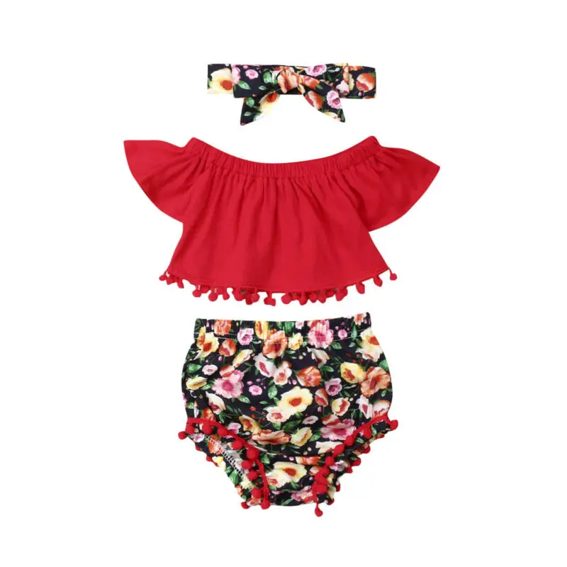 

2019 Cute Kids Baby Girl Sets Shoulderless Crop Tops Floral Shorts Headband Tassels 3Pcs Outfits Toddler Baby Girl Clothes 0-2Y
