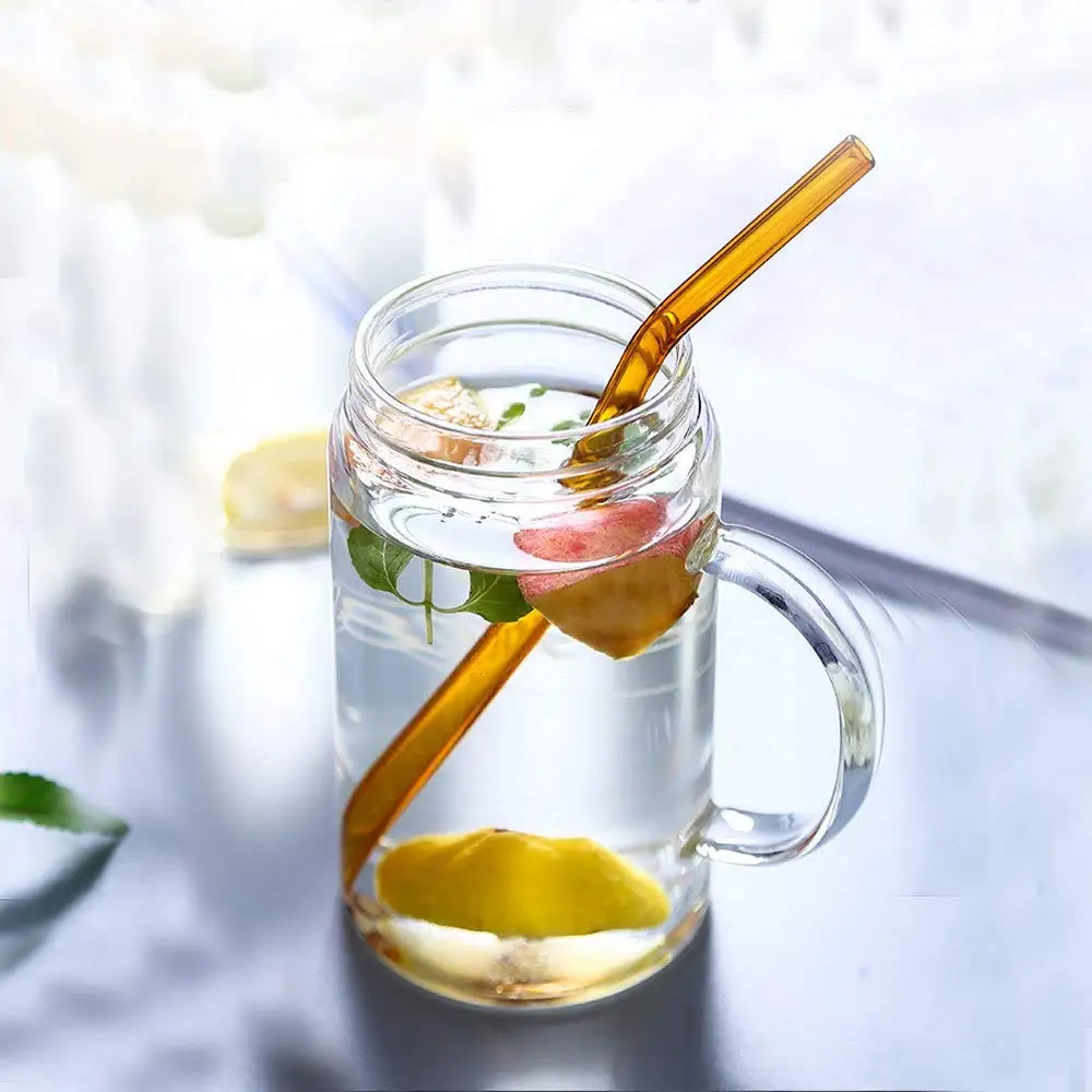 Reusable Long Bent Glass Drinking Straws, 190mm8mm Set of 6 with 2 Cleaning Brushes, Healthy, Reusable, Eco Friendly, BPA Free, Very Sturdy,Multi Color for Smoothies (4)