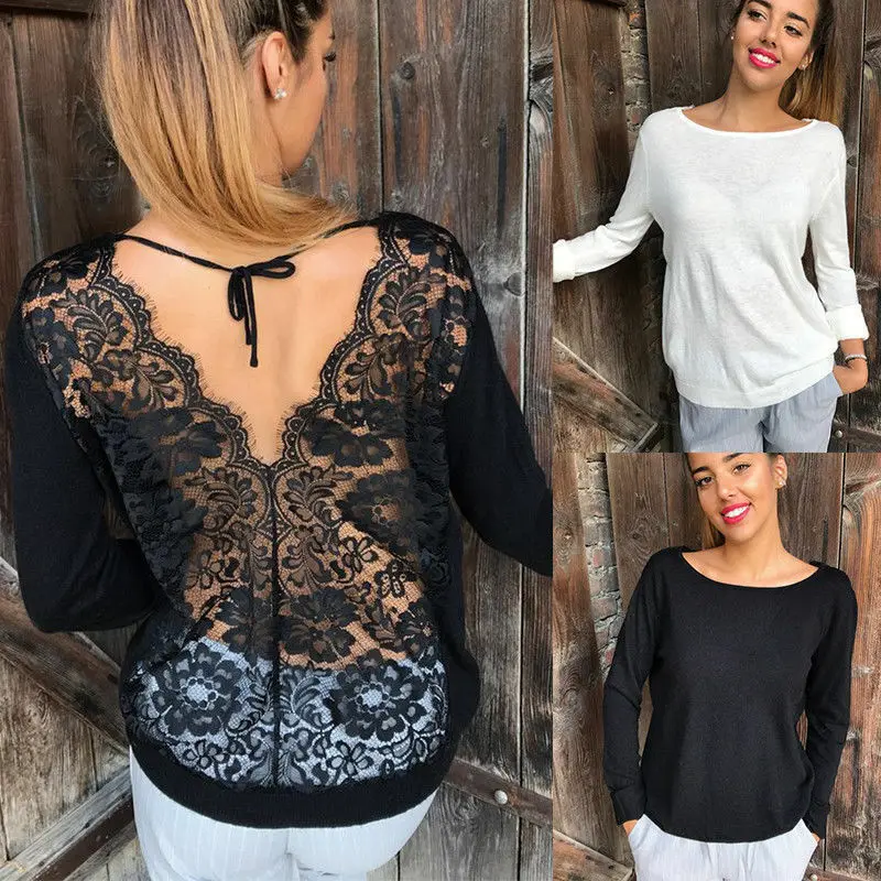 

New Women Fashion Casual Daily Long Sleeve Top Deep V Lace Patchwork Sexy Backless Loose Tunics Shirt Crochet T-shirts Tops Tee