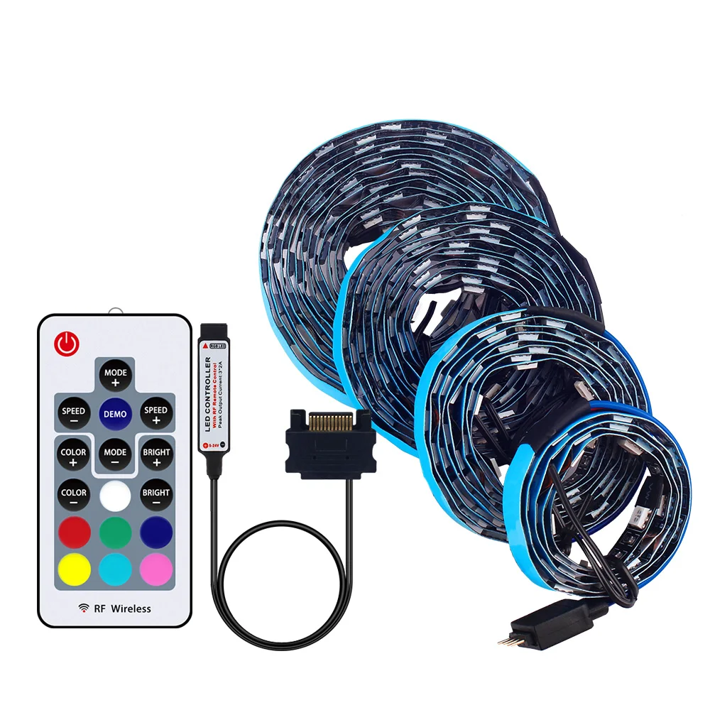 DC12V 5050 RGB LED قطاع ضوء كامل كيت للكمبيوتر وحدة معالجة خارجية للحاسوب ، SATA إمدادات الطاقة ، RF التحكم عن بعد ، LED قطاع RGB 50/100/150/200 سنتيمتر
