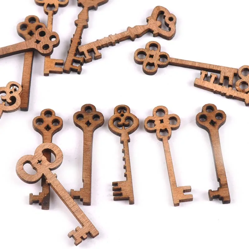 

50pcs/set Random Mixed Wood Crafts Keys DIY Home Decoration Accessories Handmade Sewing Wooden Arts Embellishment 11x40mm M0915
