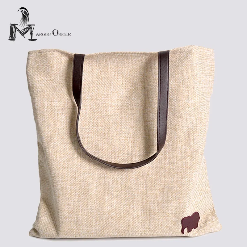 Leather linen bag heavey cotton tote bag reusable grocery casual shoulder bag elephant icon with ...