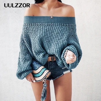 

UULZZOR Women Sweater Full Lantern Sleeve Slash neck Pullover Arcylic Blue Sweater Solid Off Shoulder Knitted Warm Sweater 2019