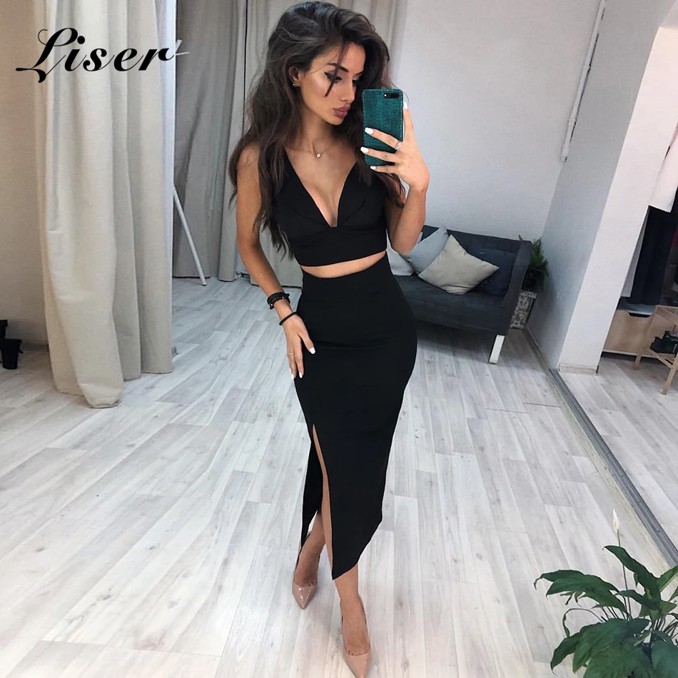 

Liser 2019 New Summer Women Dress V Neck Two Pieces Bandage Dress Sexy Bodycon Elegant Celebrity Party Black Dresses Vestidos