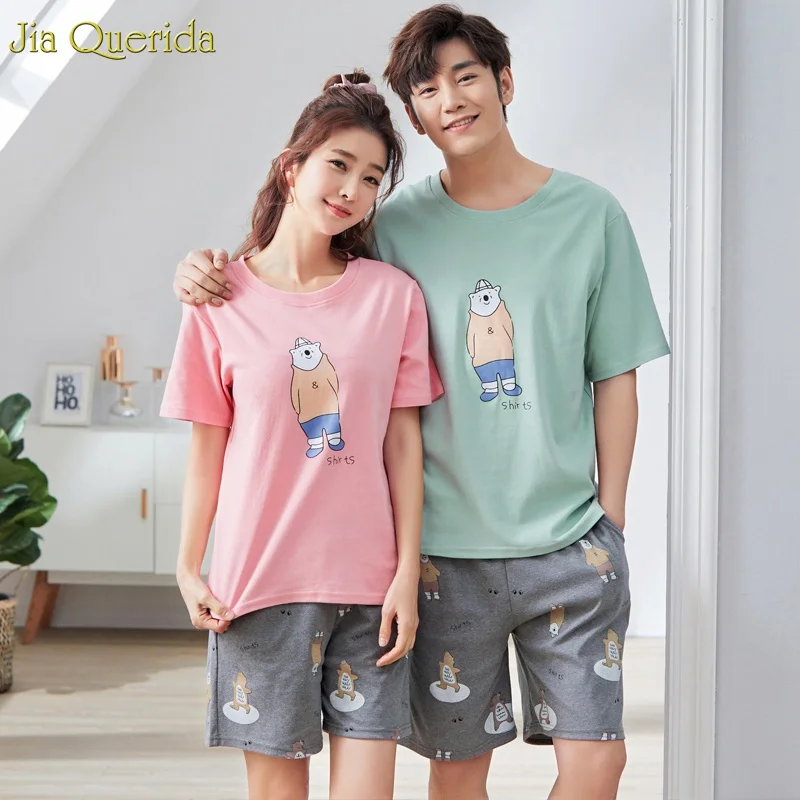 Night Suit Set Pajamas Short Sleeve 2019 New Cotton Womens Sleepwear Shorts Cartoon Print Pink Blue Men Women Couple | Женская одежда