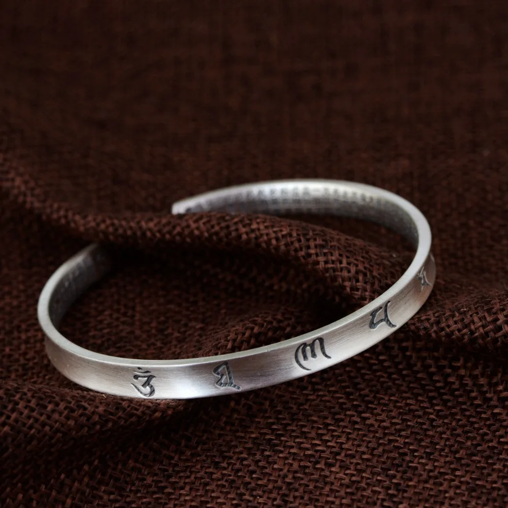 

HFANCYW New Design 990 Silver Thai Silver Matte Craft Bracelet Buddhist Six Words Female Opening Size Style Silver Bangle Gift