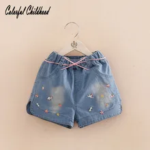 Джинсовые шорты с вышивкой для маленьких девочек 2, 3, 4, 5, 6, 7, 8 лет летние джинсовые шорты с бантом новые модные детские популярные штаны детская одежда