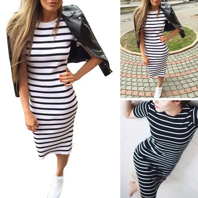 Women Summer Fashion O-neck Short Sleeve Striped Slim Clothing Casual Mid-Calf Casual Dress