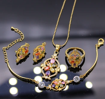 

GZJY Exquisite Party Jewelry Set Yellow Gold Color Colorful Crystal Zircon Pendant Necklace Earrings Ring Set Bracelet For Women