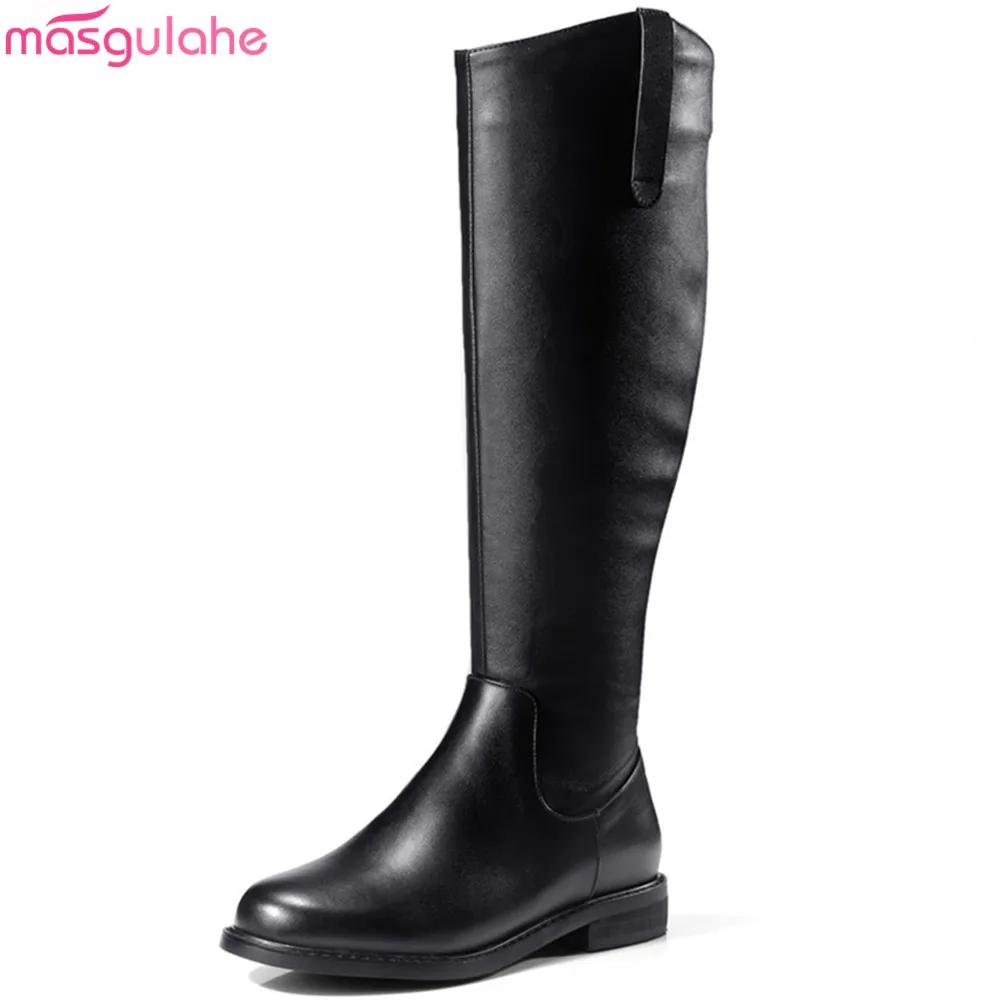 Masgulahe/Модная осенне-зимняя женская обувь черные женские сапоги из натуральной кожи на квадратном каблуке с круглым носком и pu искусственной кожи низкие сапоги до колена