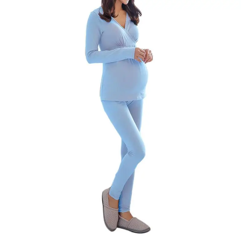 Костюм для беременных женщин, Одноцветный костюм для грудного вскармливания, костюм для мамы, Qiuyi Qiuku, пижама для беременных женщин, комплект из двух предметов, теплая одежда - Цвет: Синий