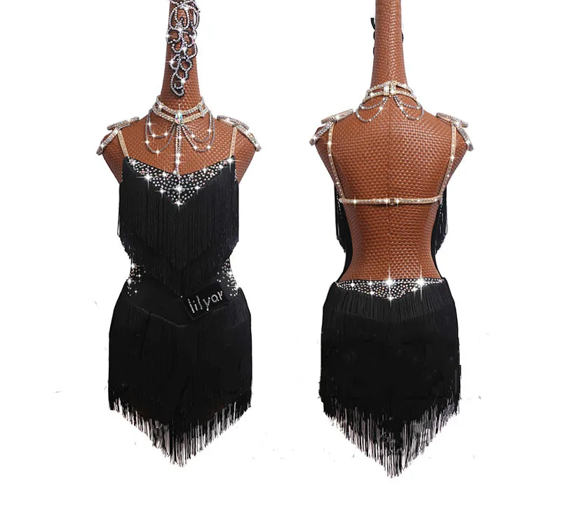

New Custom-made Women Latin Dance Dress Black Sexy Fringe Sparkly Rhinestone Skirts Latin Salsa Chacha Standard Costumes