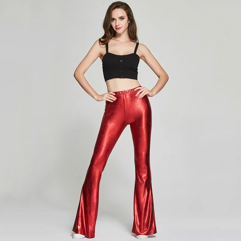 red latex flare pants