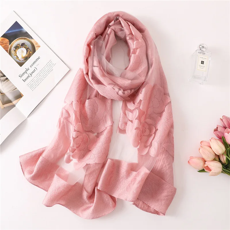 

2019 solid color women scarf summer silk scarves for lady shawls and wraps organza Hollowed flowers beach stoles bandana foulard