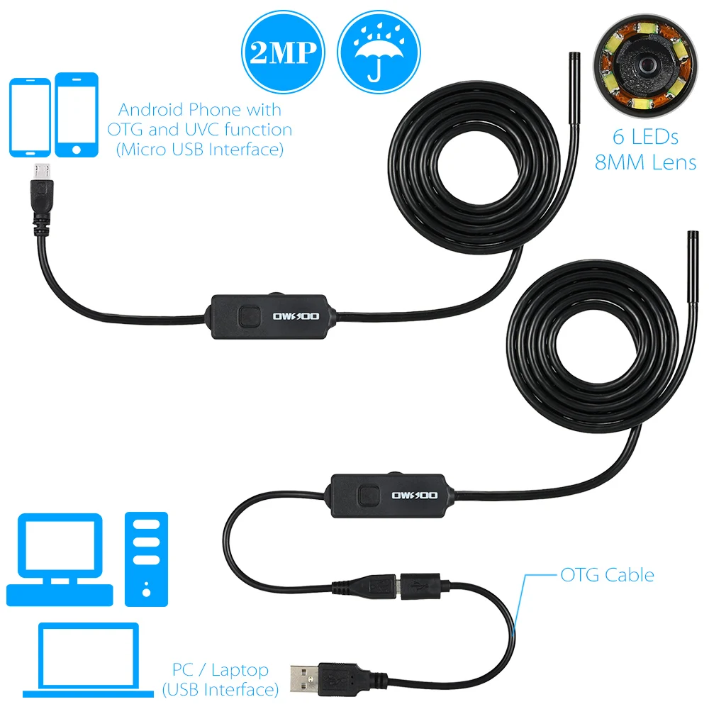 Автомобильный диагностический сканер Android инструмент OTG USB проводной эндоскоп осмотр Бороскоп 5 м 3 м 2 м 1 м HD 6LED 8 мм объектив камера