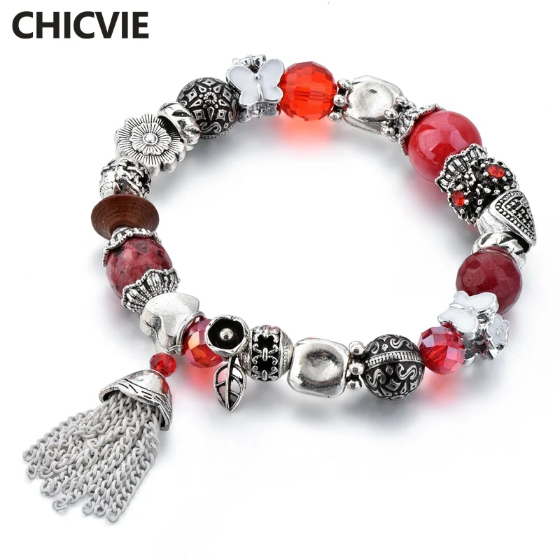 

CHICVIE Flower Tassel Crystal Beads stainless steel Bracelets & Bangles For Women Charm Bracelet Boho Jewelry Bracelet SBR180081