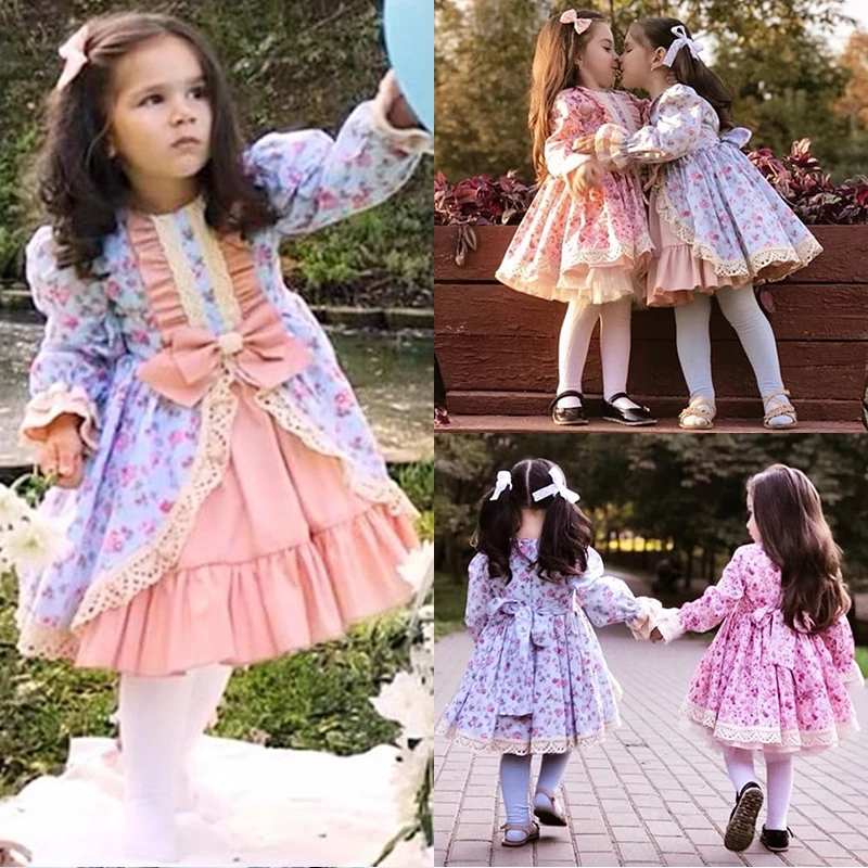 Платье принцессы для детей от 1 года до 5 лет вечерние платья с кружевными цветами в стиле ретро для маленьких девочек одежда в европейском дворцовом стиле с бантом