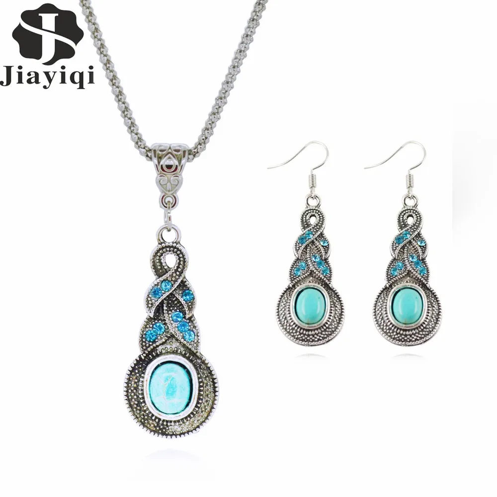 Fashion Jewelry Sets Tibetan Turquoise Chain Necklace & Pendants Silver Plated Water Drop Shaped Stud Earrings Women Collar