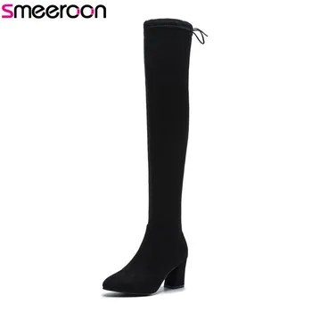 

Smeeroon 2018 new popular autumn winter boots for women slip on pointed toe over the knee boots high heels party boots black