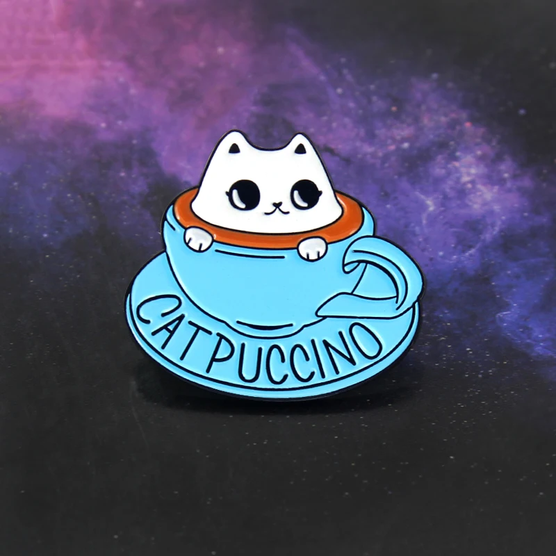 

Blue Coffee Cup Kitten Brooch Cute Cat Animal Coffee Cup CAT PUCCINO Enamel Pin Clothes Hat Badge Accessories Friends Kids Gifts
