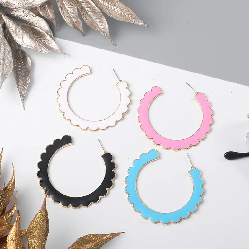 

AOMU 2019 Exaggeration Enamel C-shaped Laciness Big Color Hoop Earrings for Women Girl Party Gift Jewelry Bijoux