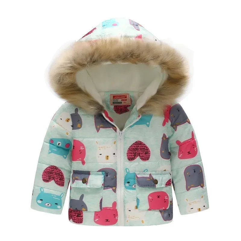 Детская одежда зимние пальто для маленьких мальчиков и девочек теплая утепленная хлопковая верхняя одежда с меховым капюшоном куртки с цветочным принтом и животными - Цвет: Dark Grey