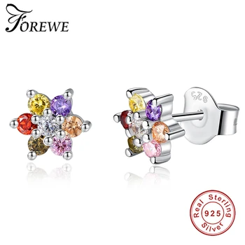 

FOREWE 925 Sterling Silver Multi-color Hexagonal Star Exquisite Flowers Stud Earrings for Women Wedding Engagement Jewelry