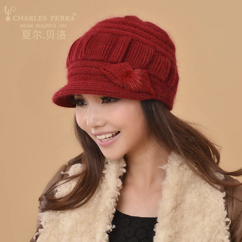 Charles Perra Women Knitted Hats Winter Thicken Double Layer Ear Protection Casual Wool Women's Hat Warm Female Beanies CD63